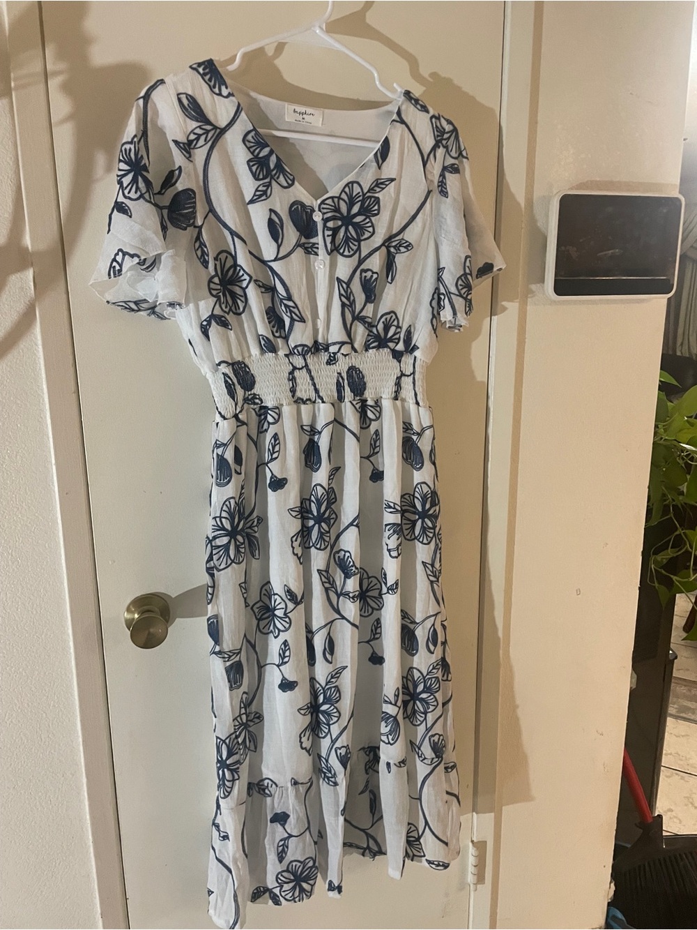 Navy White Floral Smocked Waist Midi Dress Cottagecore M - Picture 6 of 9